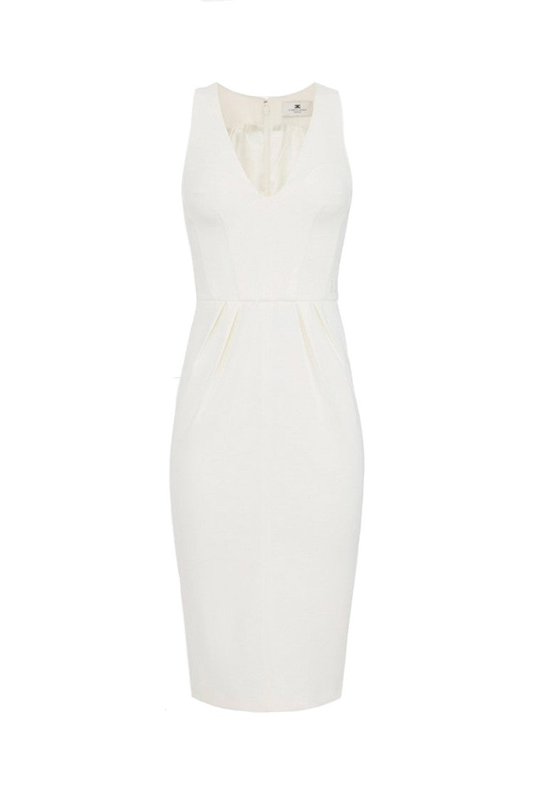 Elisabetta Franchi Ivory V-Neck Sleeveless Polyester-Blend Midi Dress