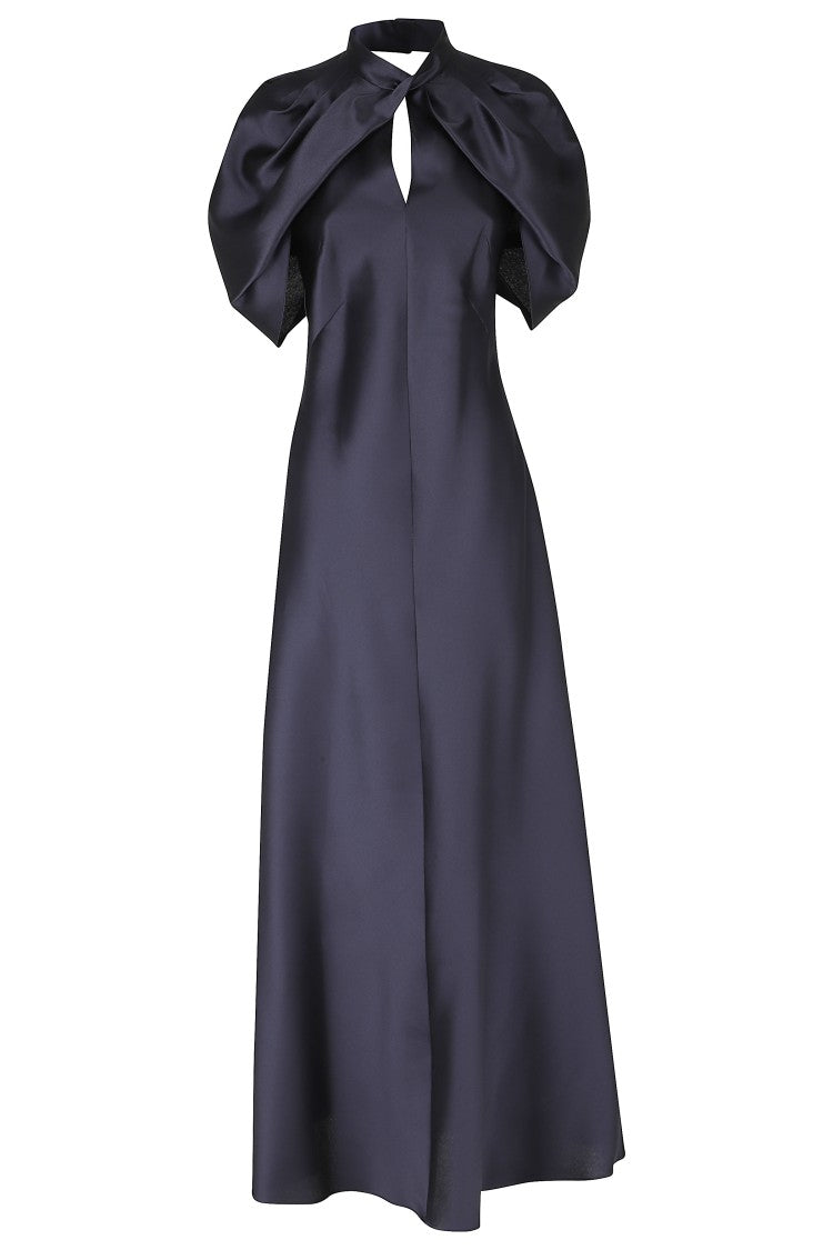 Alberta Ferretti Blue Mikado Tailored V-Neck Short Sleeve Silk-Blend Dress