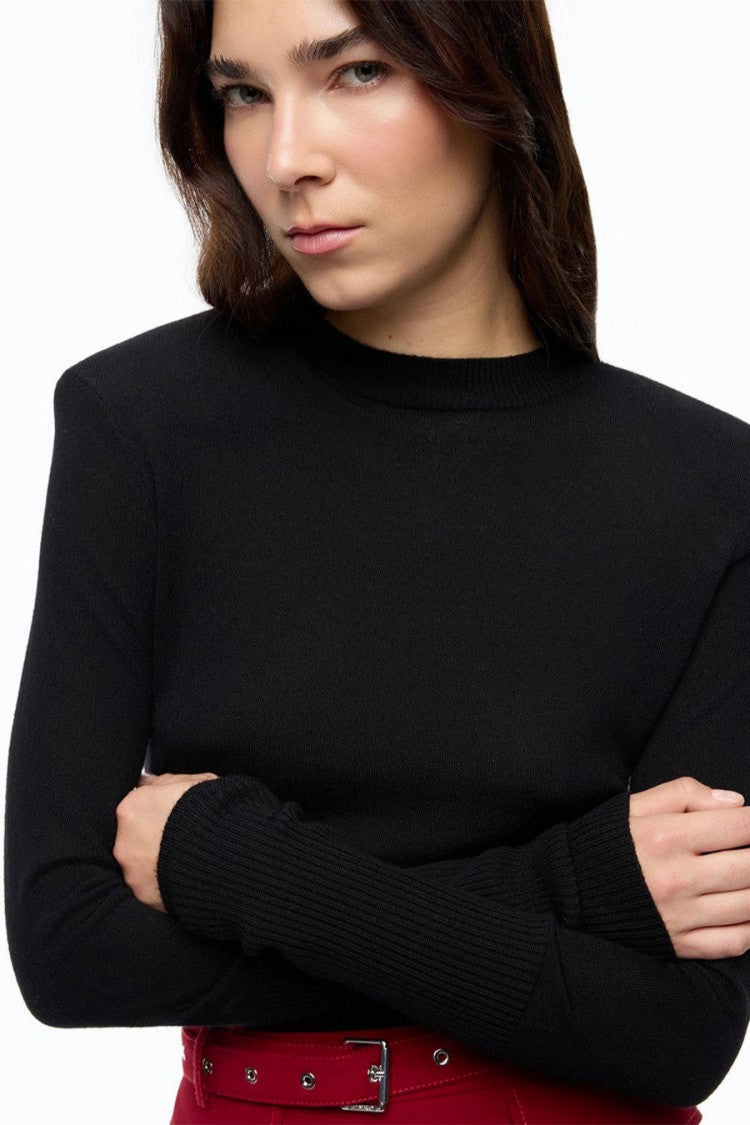 Pinko Black Wool Ribbed-Cuff Mock-Neck Sweater