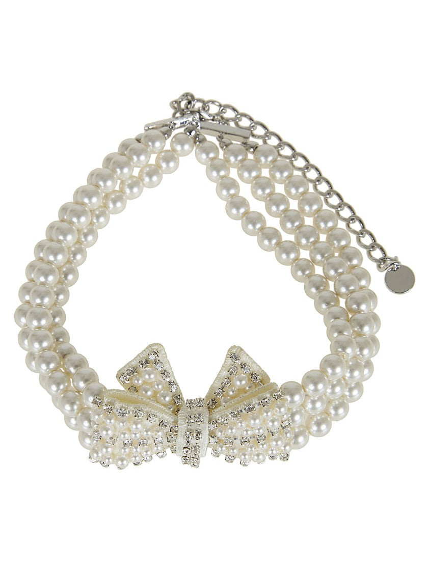 Self-Portrait Satin Bow Necklace With Faux Pearls And Crystal Accents