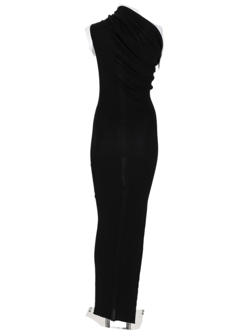 Rick Owens Asymmetrical Black Midi Dress With Draped Detailing