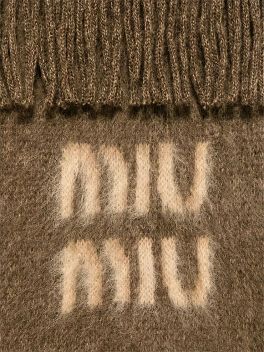 Miu Miu Fringed Brown Scarf With Tonal Pattern