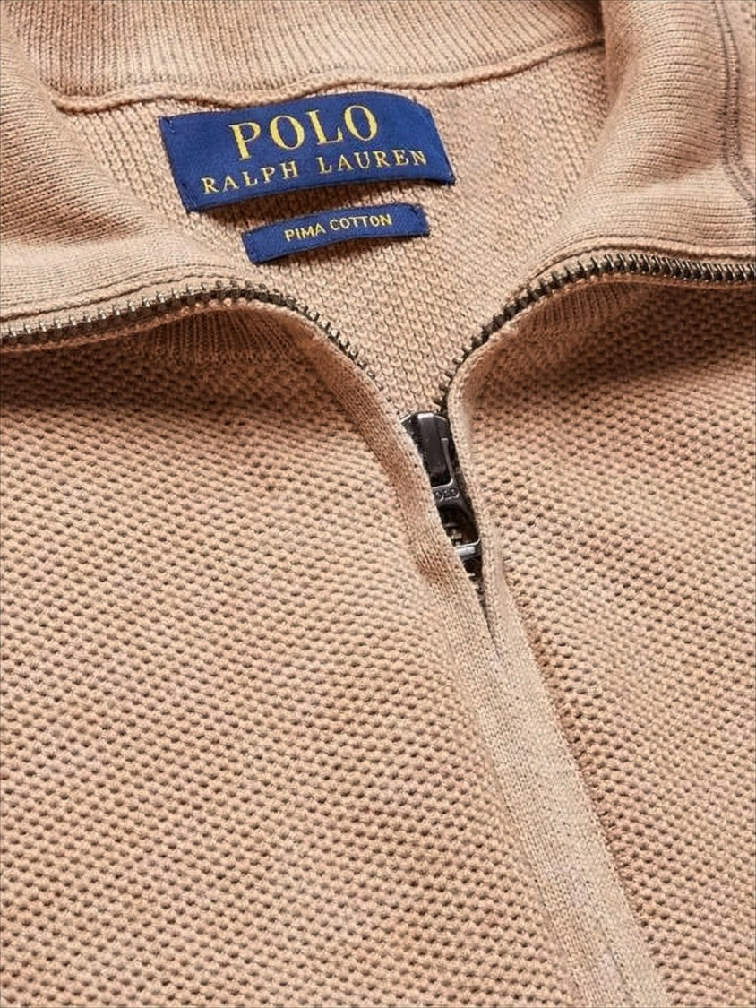 Polo Ralph Lauren Textured Knit Brown Sweater With Half-Zip Collar