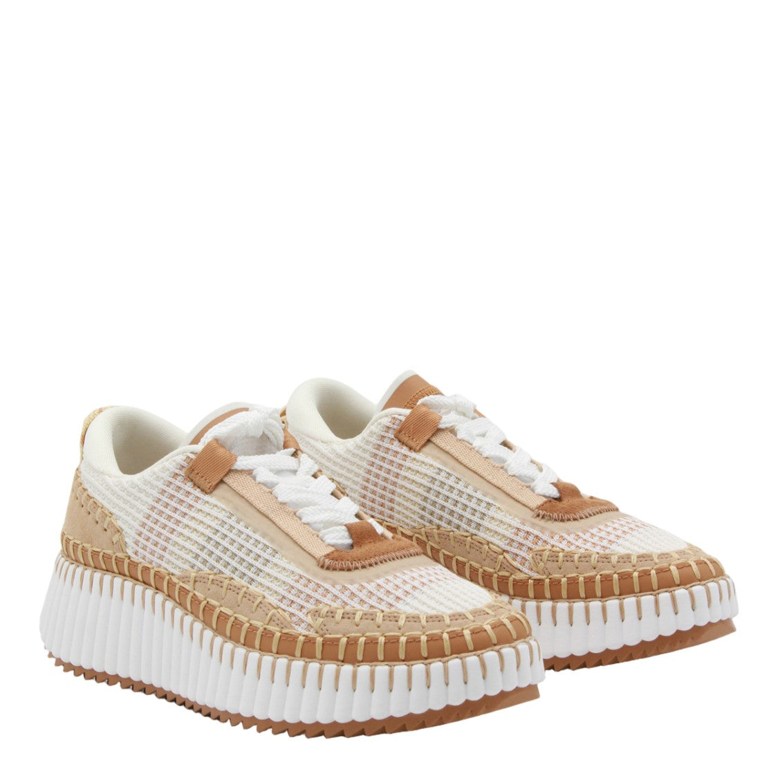 Chloé White-Ribbed Sneakers With Textured Tan