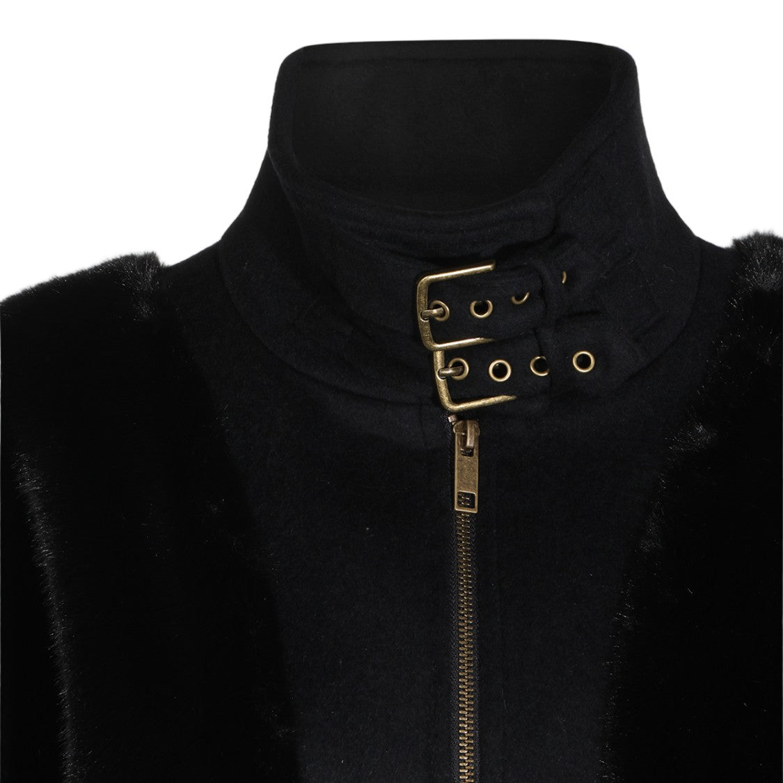 Twin-Set High-Collar Buckle Strap Faux Fur Jacket