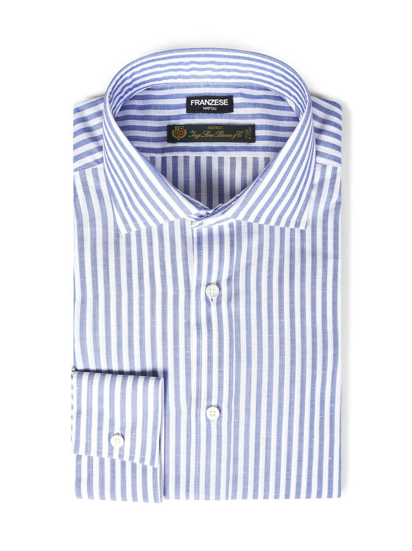 Franzese Collection Vertical Stripe Shirt In Clear Blue Cotton-Linen Blend