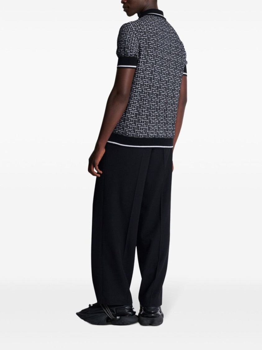 Balmain Black Merino Wool Patterned Jacquard Polo