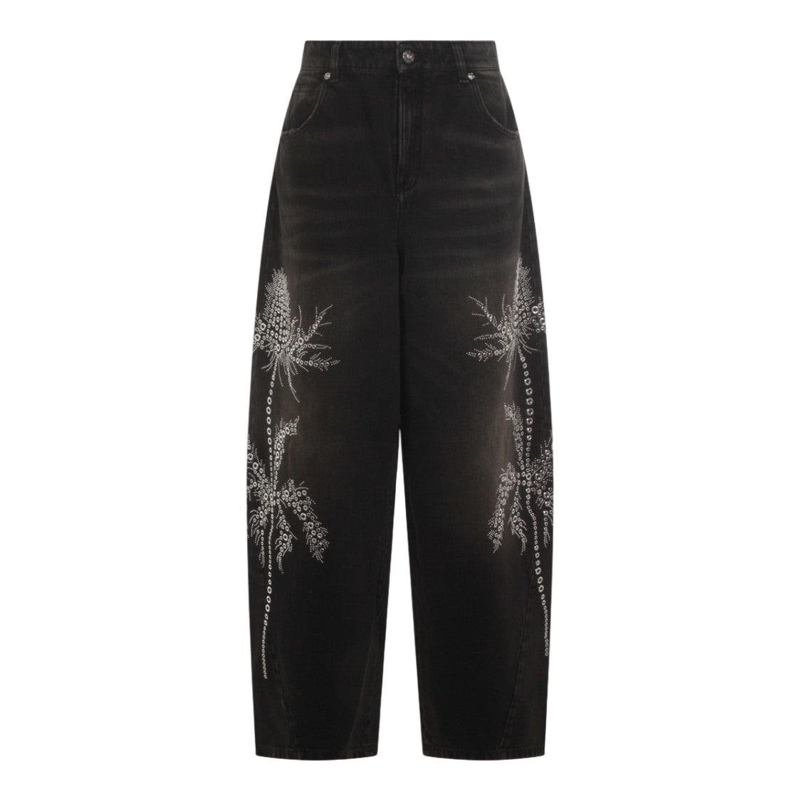 Blumarine Wide-Leg Black Jeans With Studded Floral Embellishments