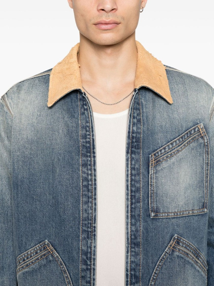 Alexander Mcqueen Tailored Denim Coat With Faux Shearling Collar