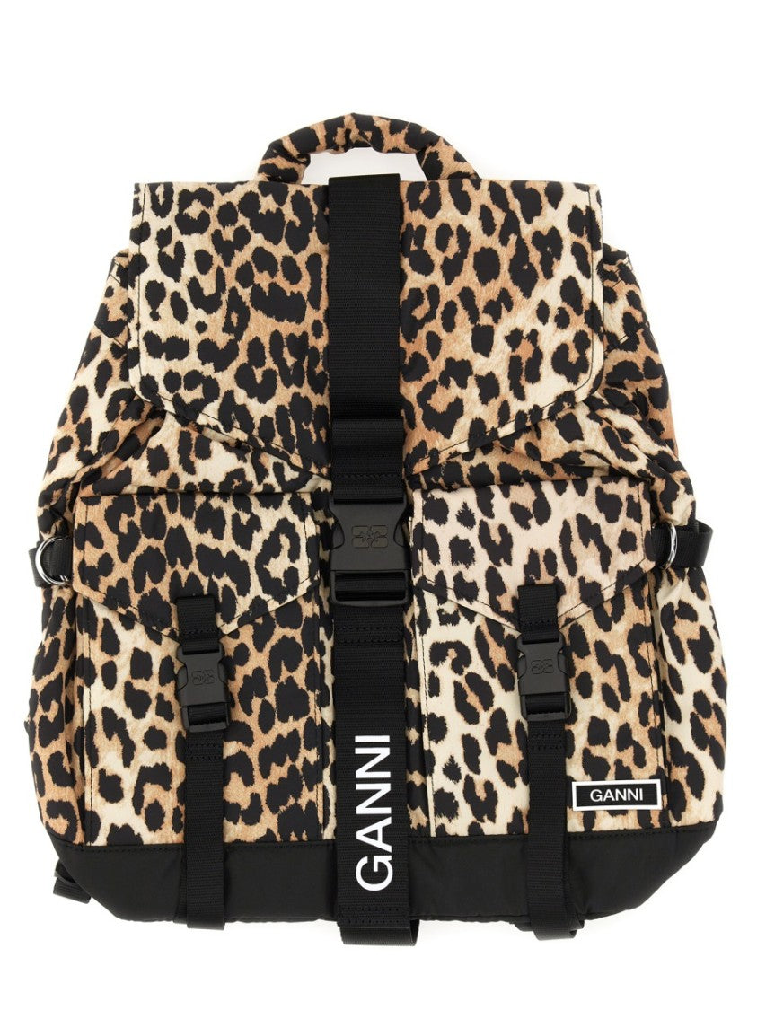 Ganni Leopard Print Recycled Fabric Backpack