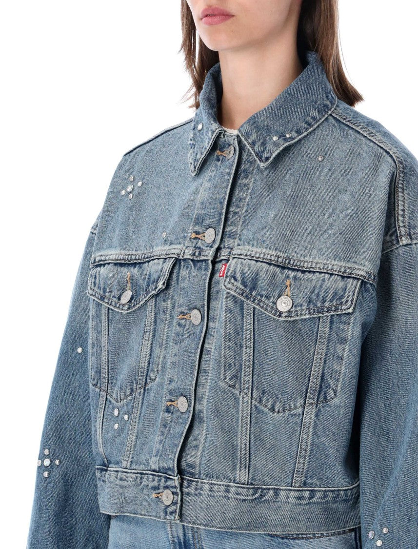 Levi's Cropped Denim Jacket With Button-Up Front And Rhinestone Embellishments
