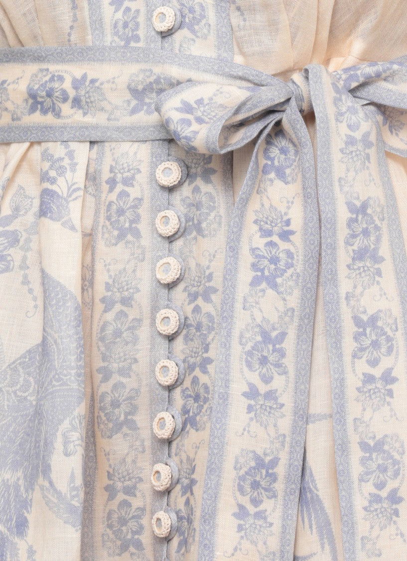Zimmermann Floral Linen Midi Dress With V-Neckline And Puff Sleeves
