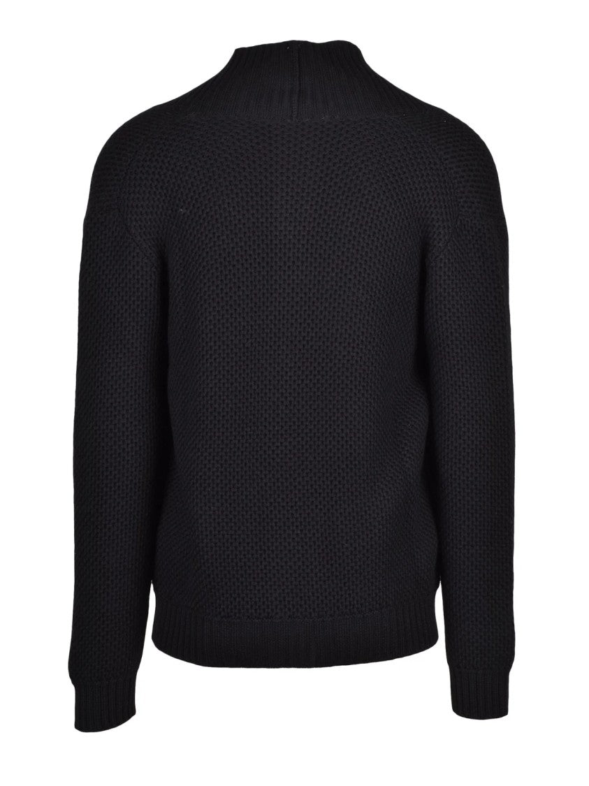 Tagliatore Black Textured Knit Virgin Wool V-Neck Cardigan