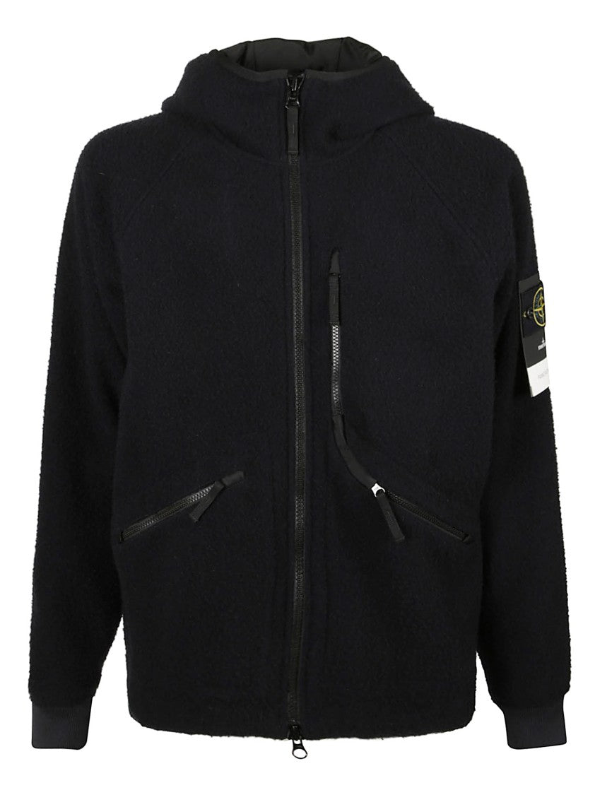 Stone Island Logo Patch Textured Black Wool Jacket