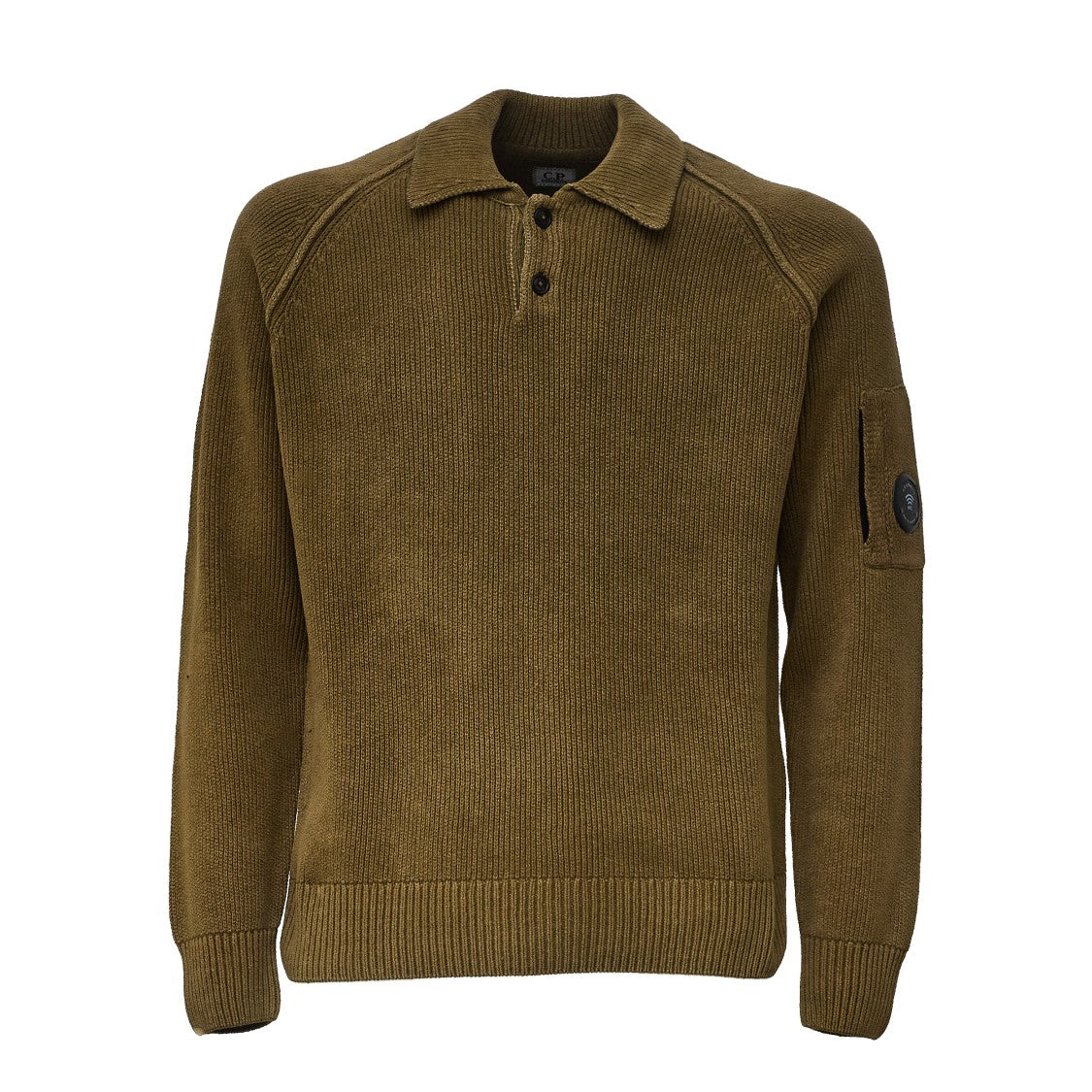 C.P. Company Chenille Cotton Polo Sweater With Ribbed Texture And Pocket Detail