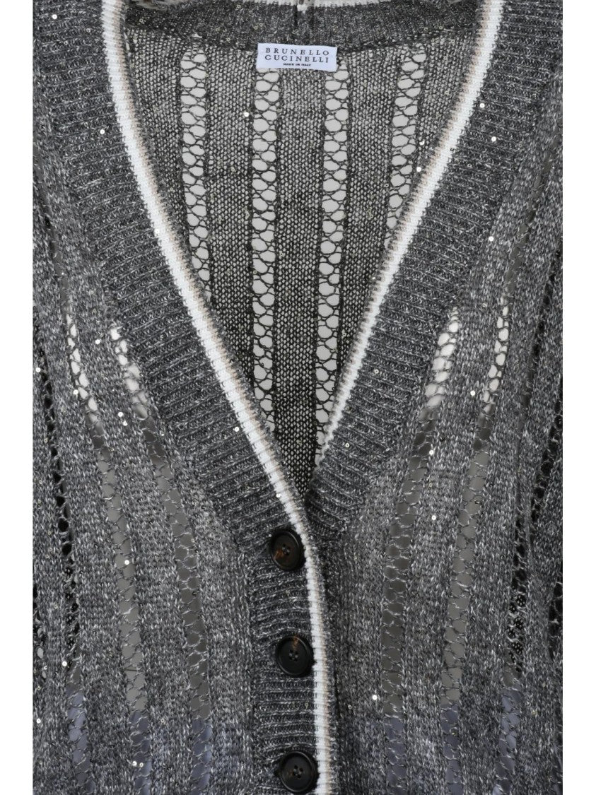 Brunello Cucinelli Grey Tricot Linen Nylon Cardigan