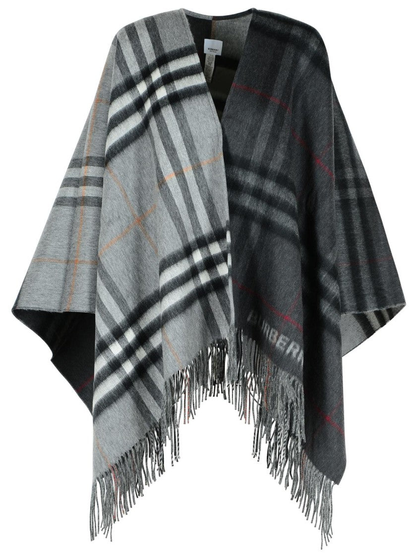 Burberry Cashmere Blend Cape With Contrasting Logo And Fringed Edges