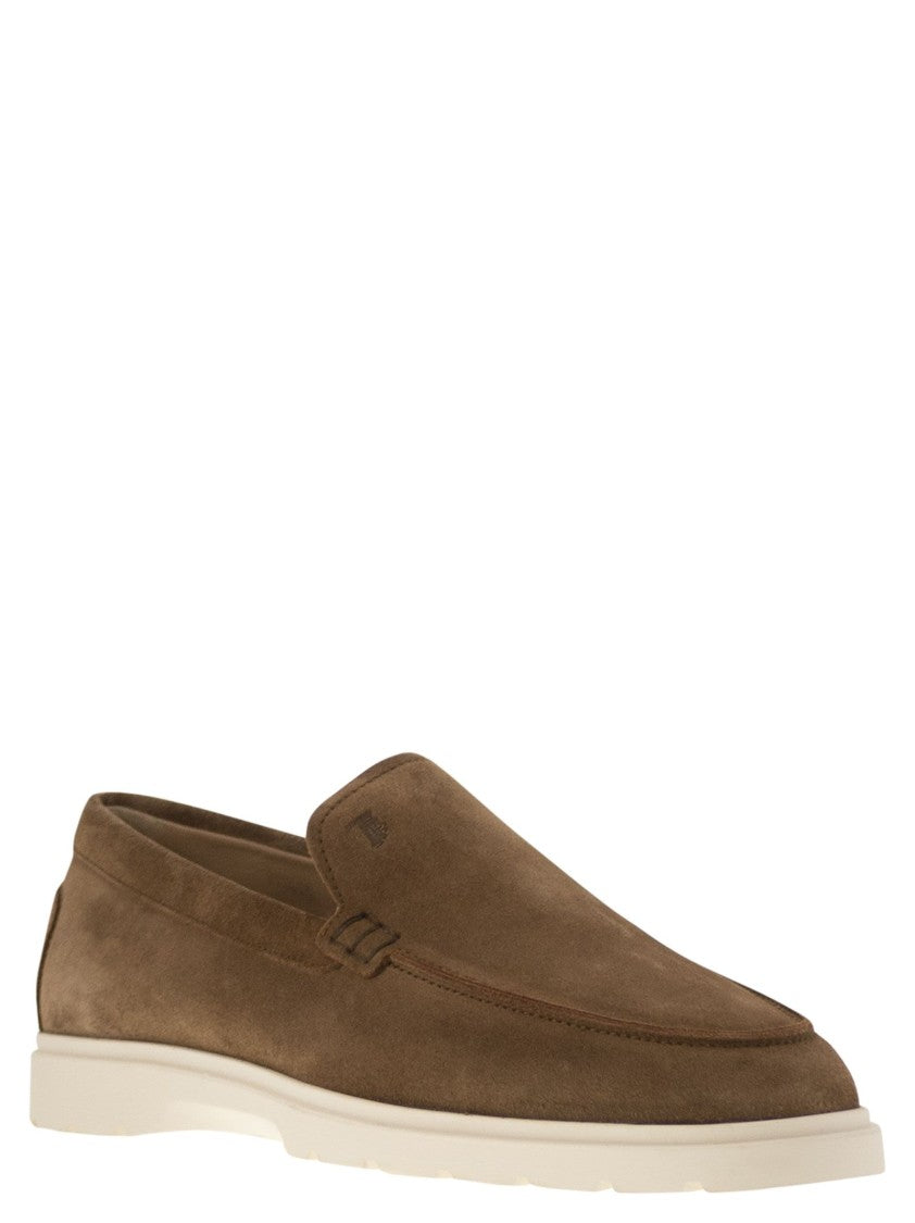Tod's Brown Suede Moccasin Slipper With Embossed Monogram