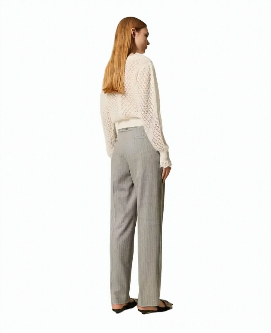 Twin-Set Gray Pinstripe Wool-Blend Overlapping Waistband Straight-Leg Pants