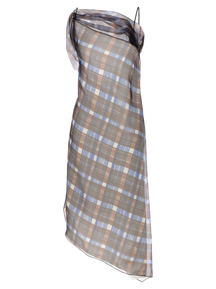 Ferragamo Asymmetrical Organza Dress With Delicate Check Print