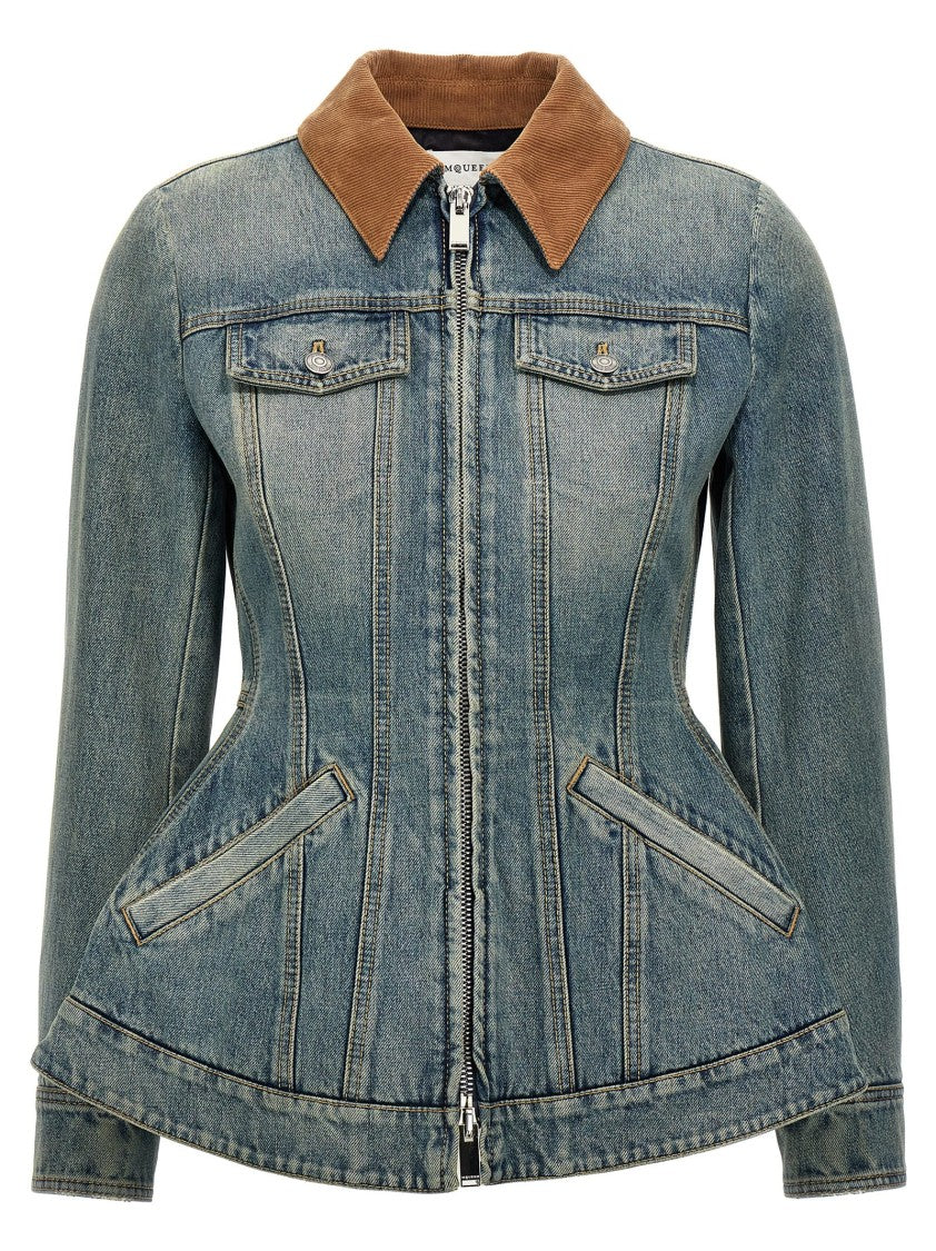 Mcqueen Fitted Delavé Denim Jacket With Flared Bottom