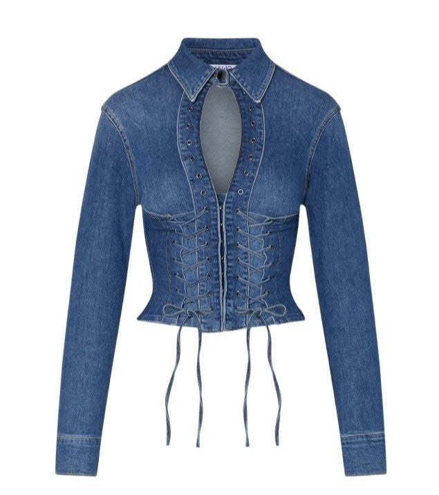 Liu Jo Light Stonewash Stretch Denim Shirt With Corset Details