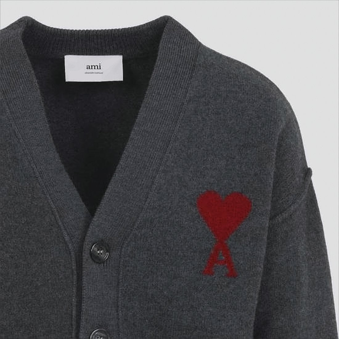 Ami Paris Dark Grey Wool Cardigan With V-Neckline