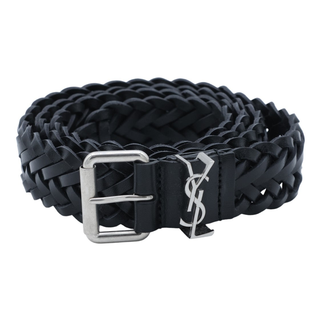 Saint Laurent Braided Black Belt With Classic Rectangular Buckle