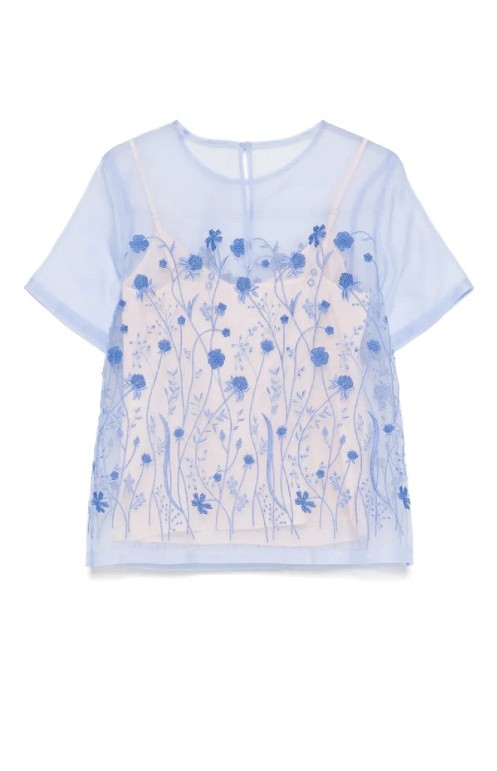 P.A.R.O.S.H. Sheer Floral Embroidered Overlay Blouse