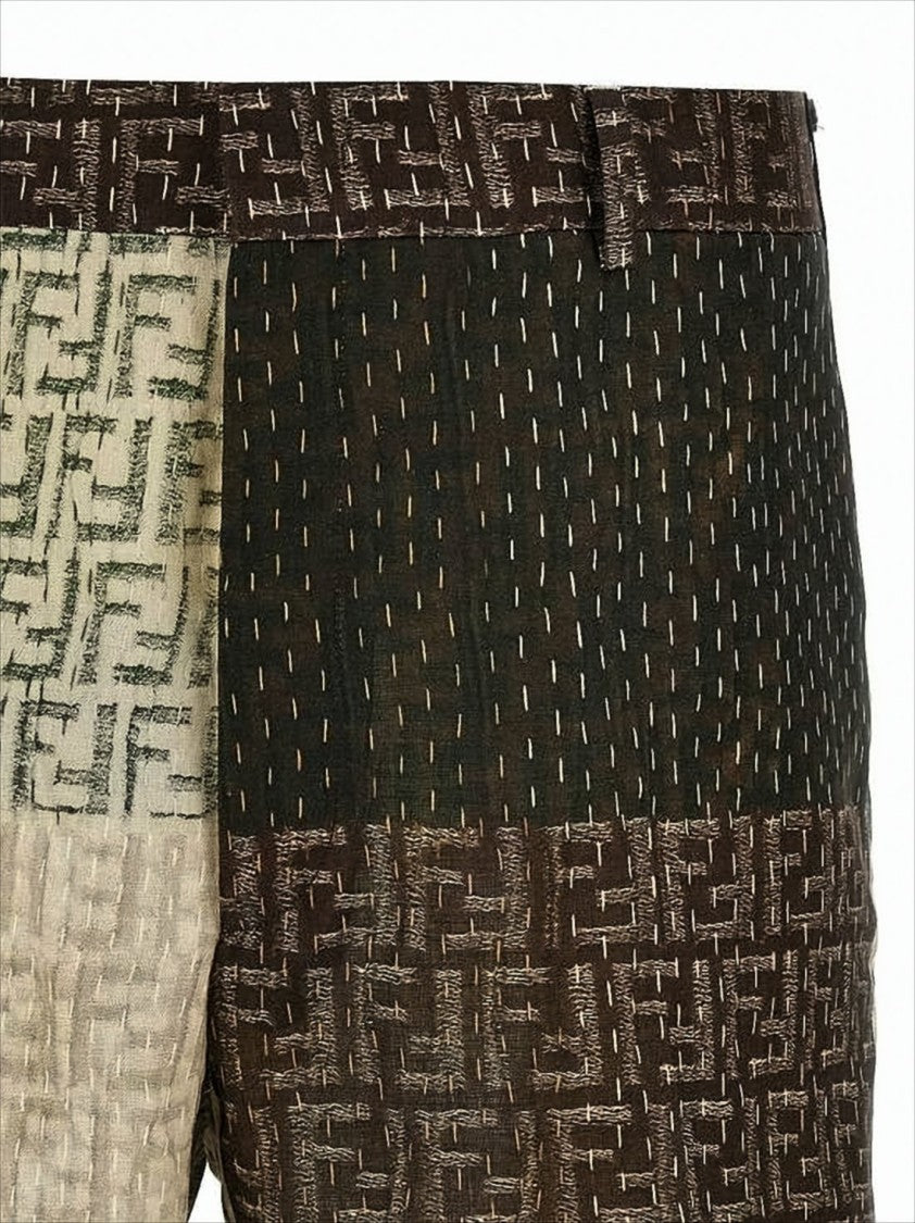 Fendi Patchwork Textured Linen Shorts With Buttoned Pockets