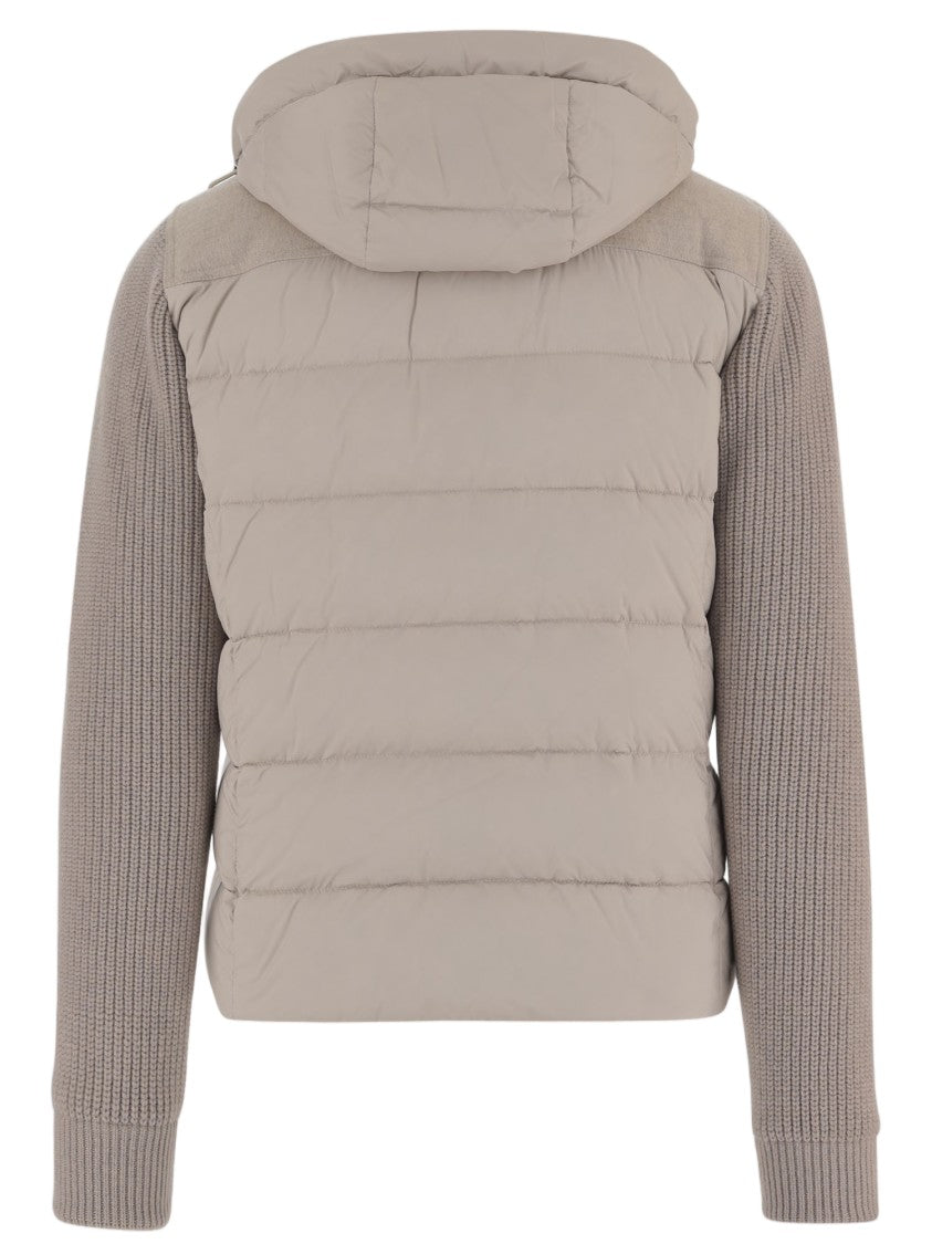 Moorer Padded Beige Jacket With Knitted Sleeves And Attached Hood