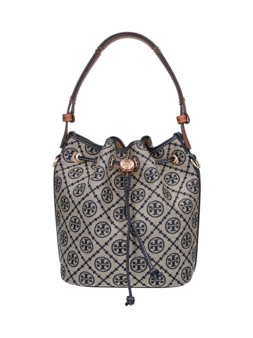 Tory Burch Blue T-Monogram Canvas Drawstring Bucket Bag