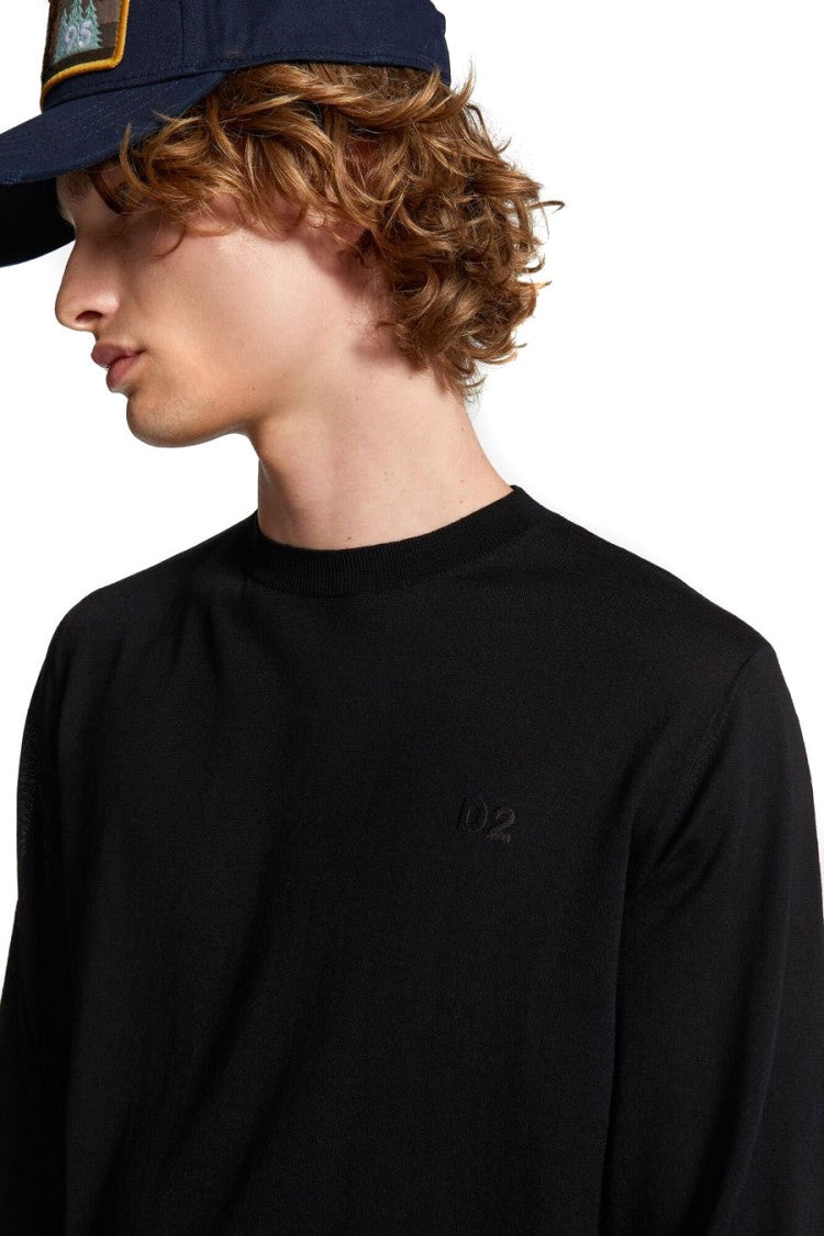 Dsquared2 Black Wool Tonal-Logo Crewneck Sweater