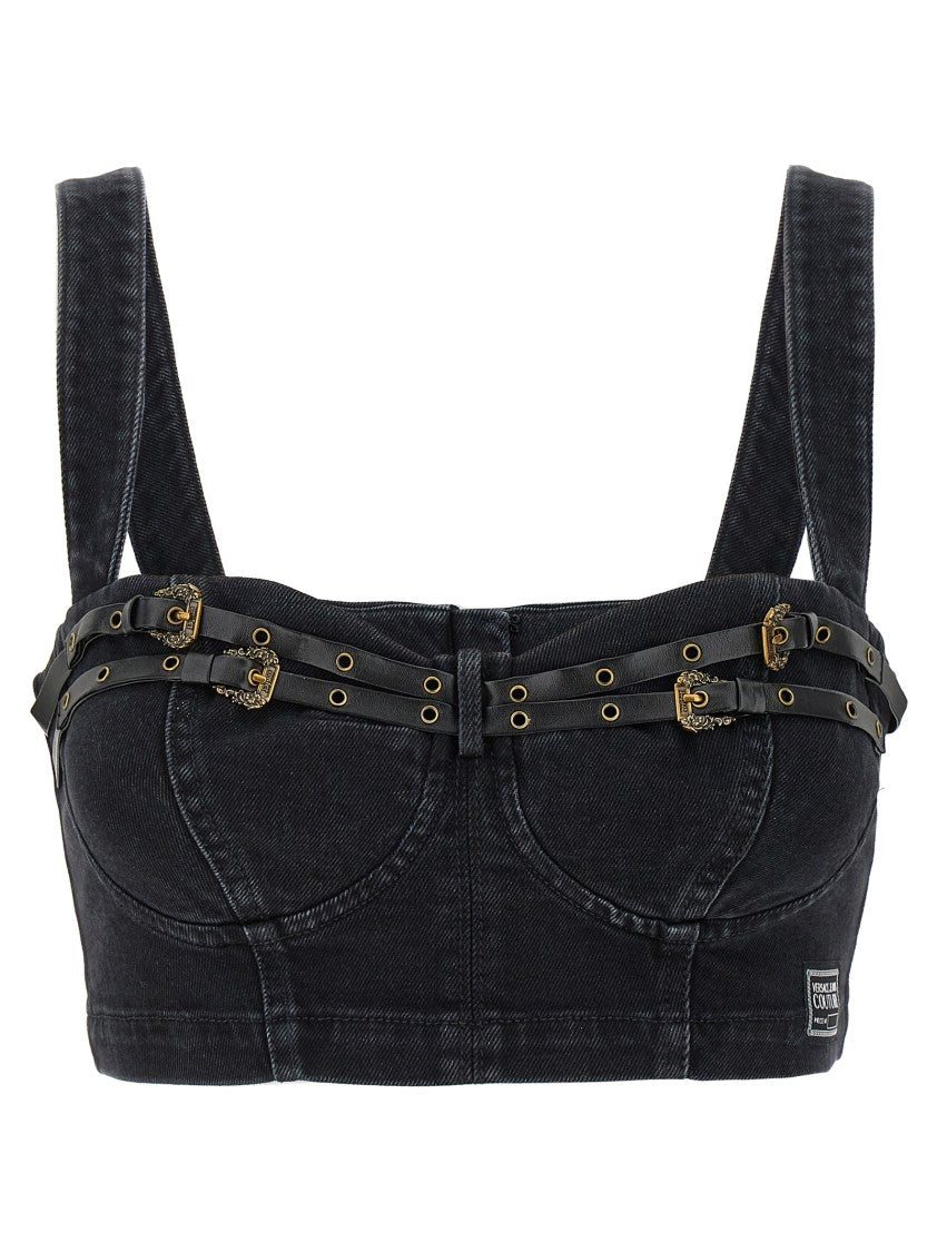 Versace Jeans Couture Cropped Denim Top With Leather Straps