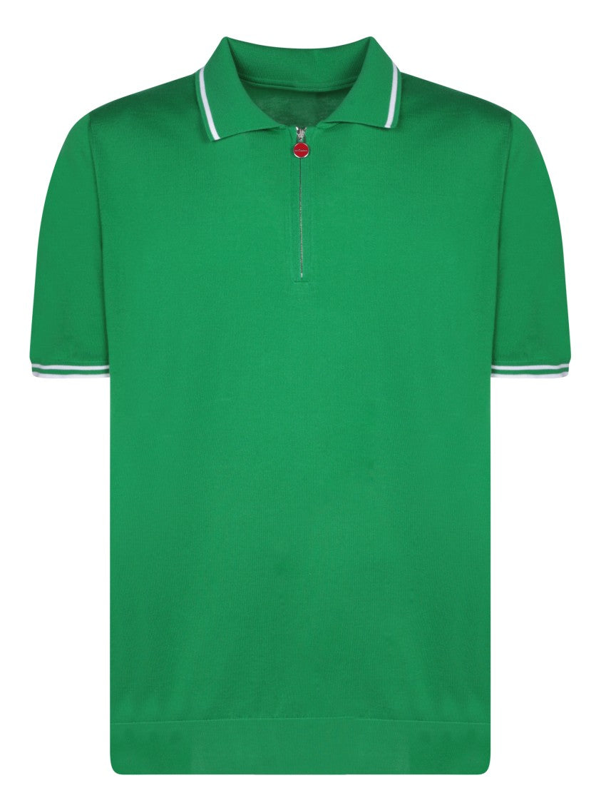 Kiton Green Cotton Stripe Collar Polo Shirt