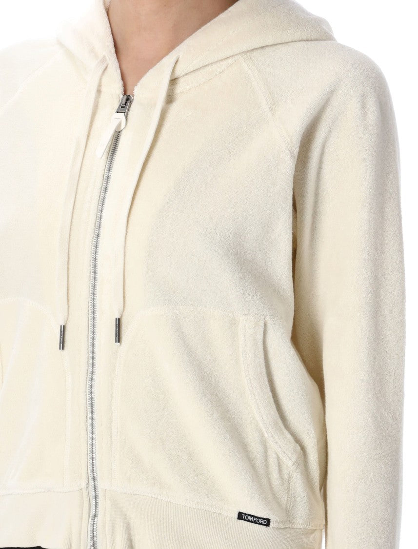 Tom Ford Ecru Towelling Zip Hoodie With Drawstring Hood