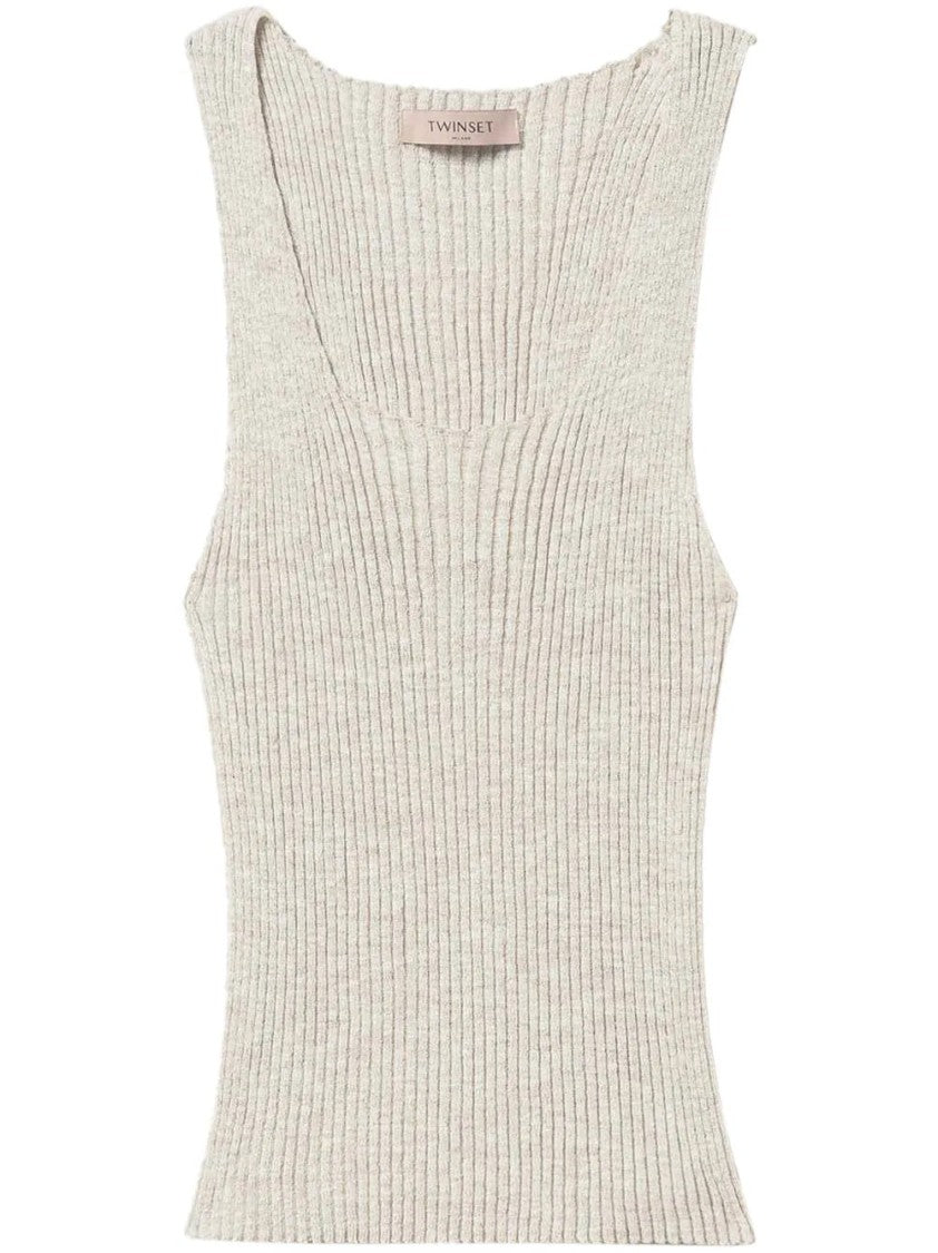 Twin-Set Ribbed Texture Tank Top With V-Neckline