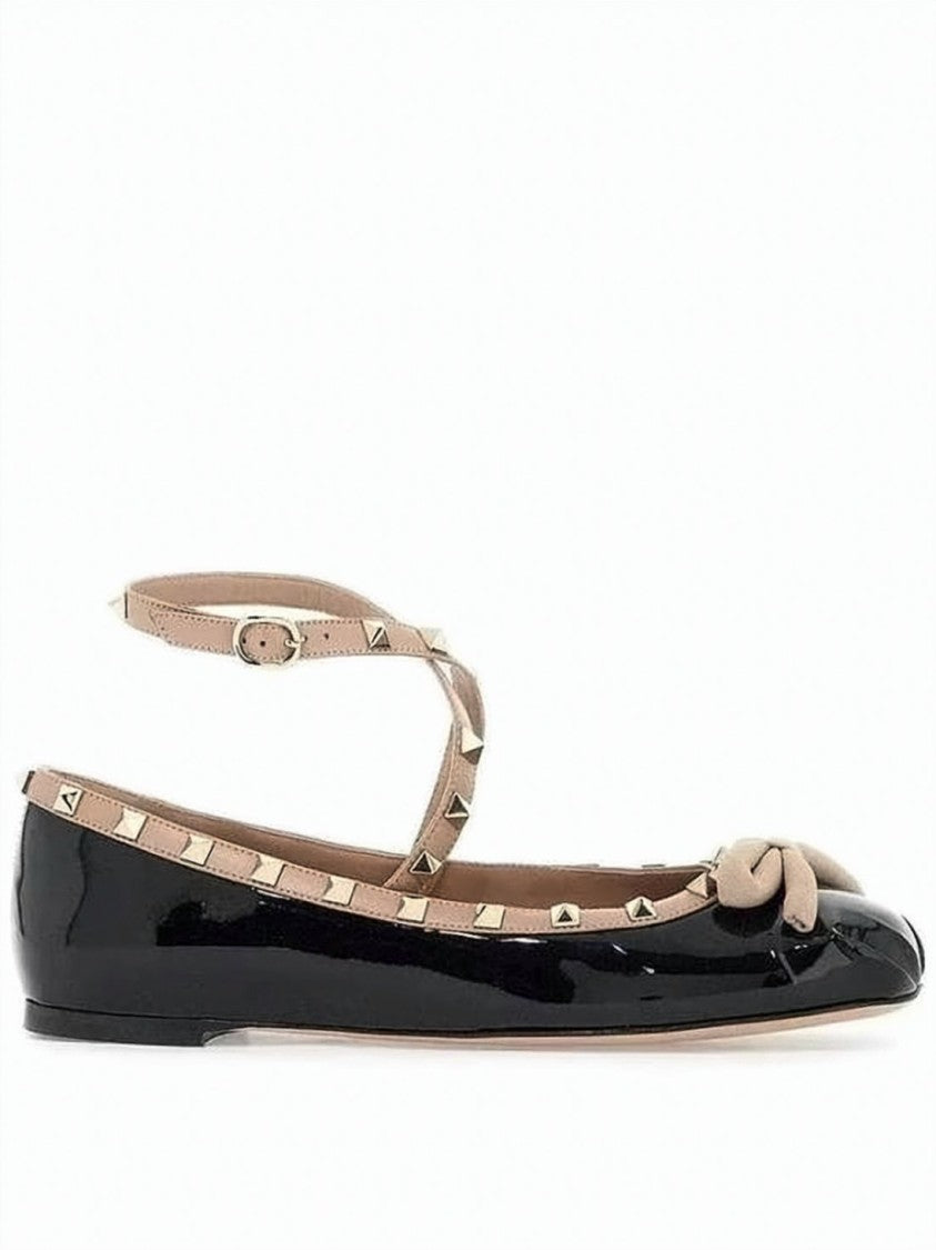 Valentino Garavani Glossy Black Patent Leather Flats With Pyramid Studs
