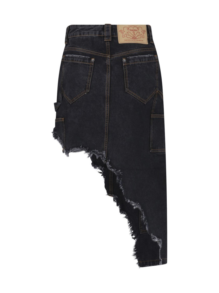 Vaquera Black Asymmetrical Deconstructed Denim Skirt