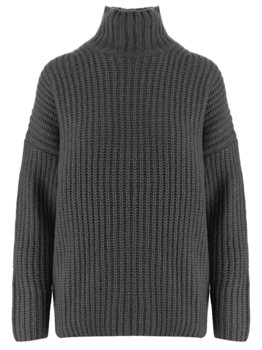 Allude Gray Patterned Knit Turtleneck Cashmere-Silk Sweater
