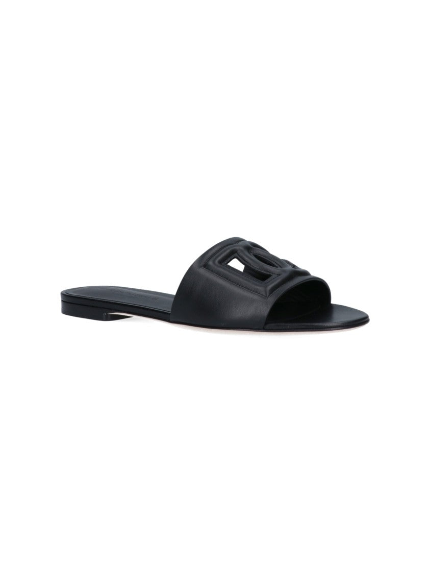 Dolce & Gabbana Black Dg Leather Slides Sandals