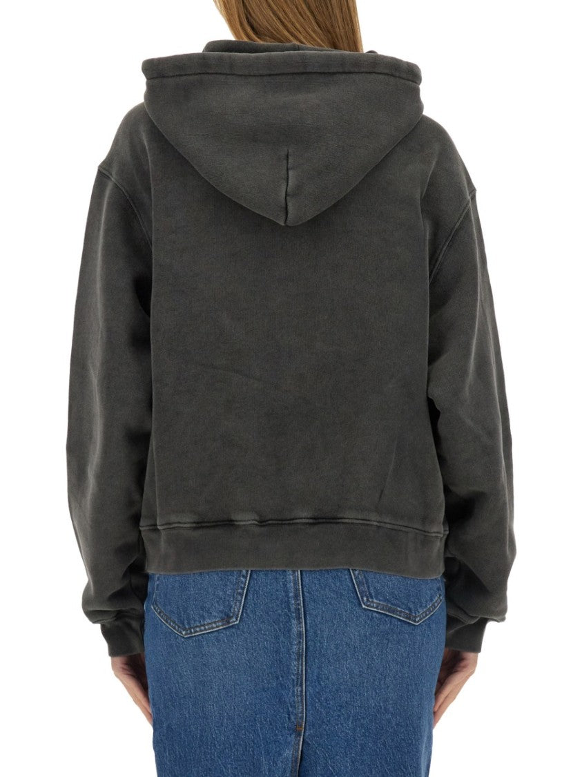 T By Alexander Wang Boxy Grey Sweatshirt With Logo Print And Drawstring Hood