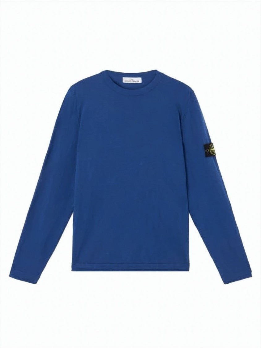 Stone Island Crew Neck Blue Sweater With Unique Sleeve Logo