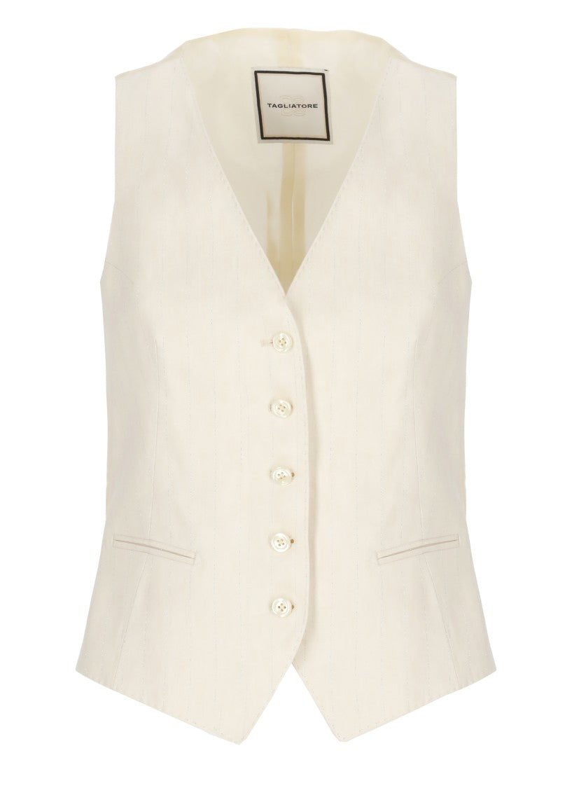 Tagliatore Ivory Cotton-Linen Gilet With V-Neck Design And Button Fastening