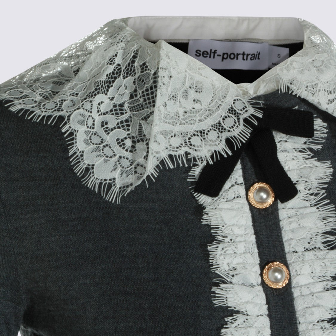 Self-Portrait Fitted Black Sweater With Lace Accent And Pearl-Embellished Buttons