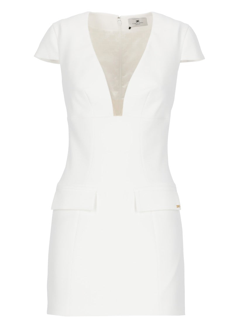 Elisabetta Franchi Ivory Dress With Deep V-Neckline And Flap Pockets