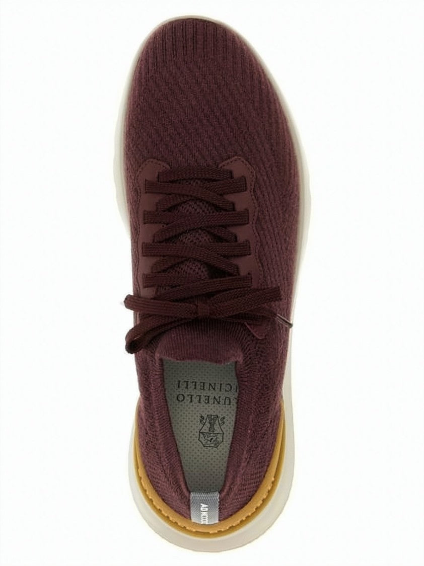 Brunello Cucinelli Seamless Knit Burgundy Sneakers With Calfskin Detailing