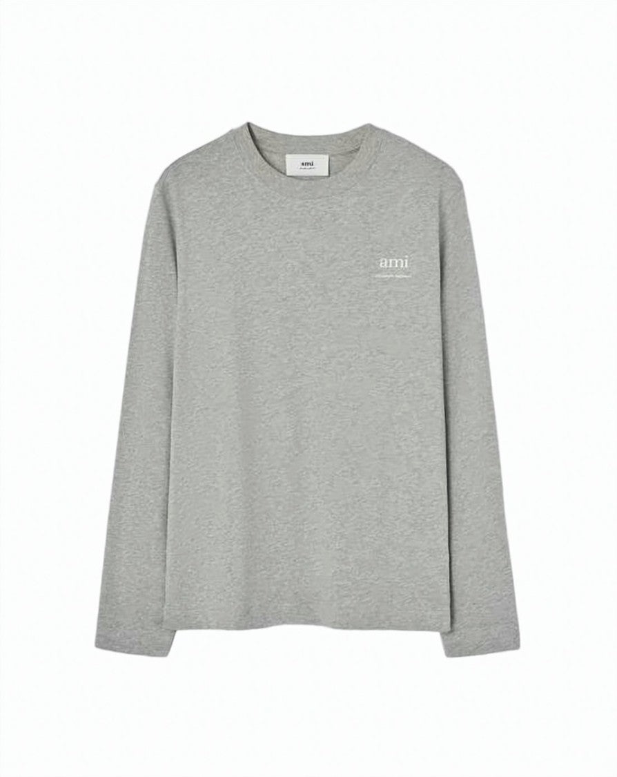Ami Paris Heathered Grey Long-Sleeve Shirt With Classic Crew Neckline