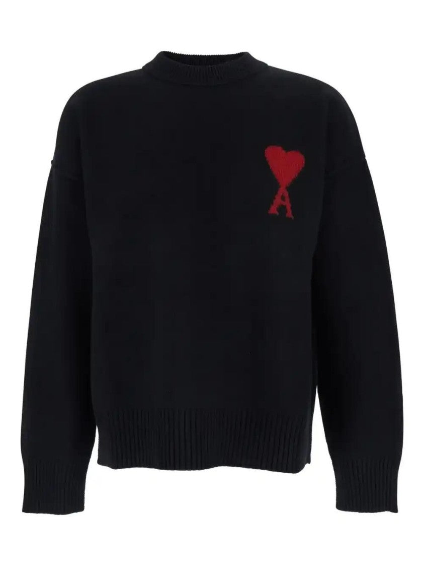 Ami Paris Wool Knit Sweater With Intarsia Heart Motif