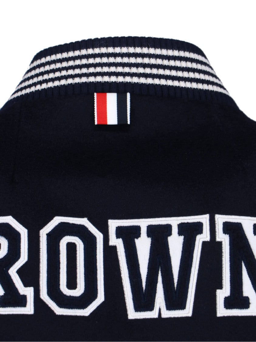 Thom Browne Navy Wool Varsity Leather Sleeve Jacket